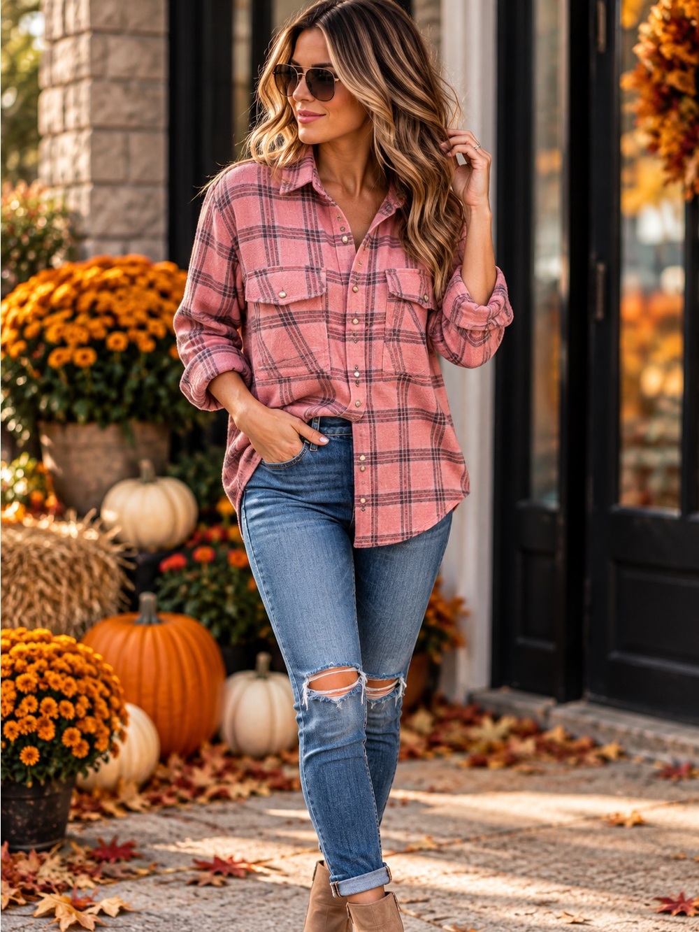 Women’s Pink Plaid Button-Up Shirt - Medium